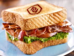 Bacon, lettuce and tomato sandwich with the Hooyu logo toasted into the bread on top.